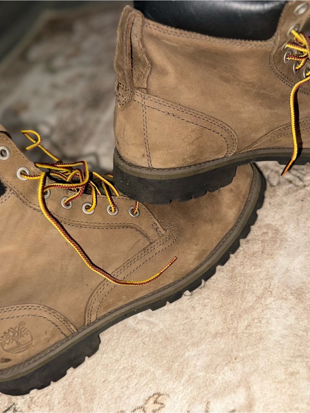 Timberland Brown Leather Work Boots with Yellow-Trim Laces